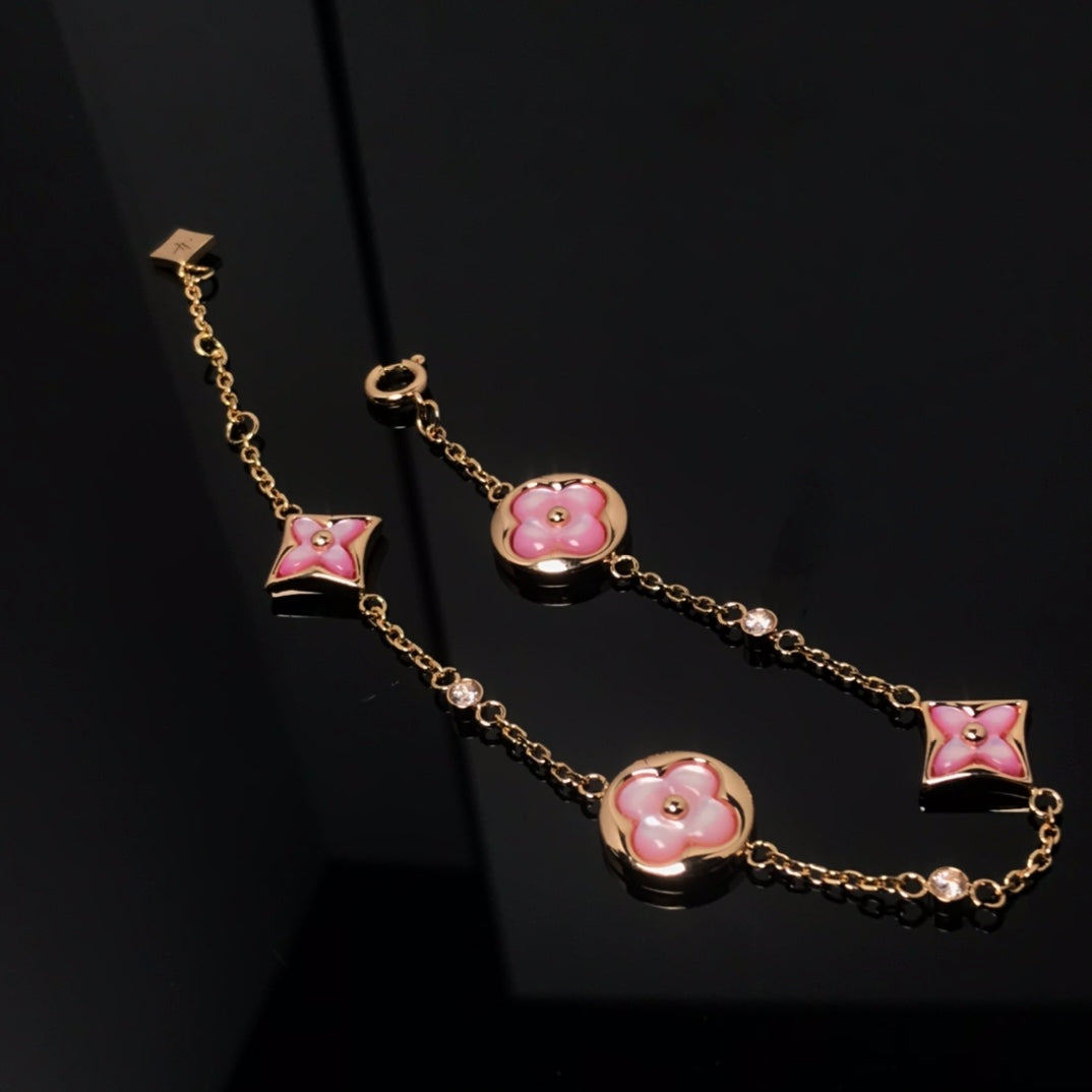 [Favorite]STAR AND SUN 4 MOTIF PINK MOP ROSE GOLD BRACELET