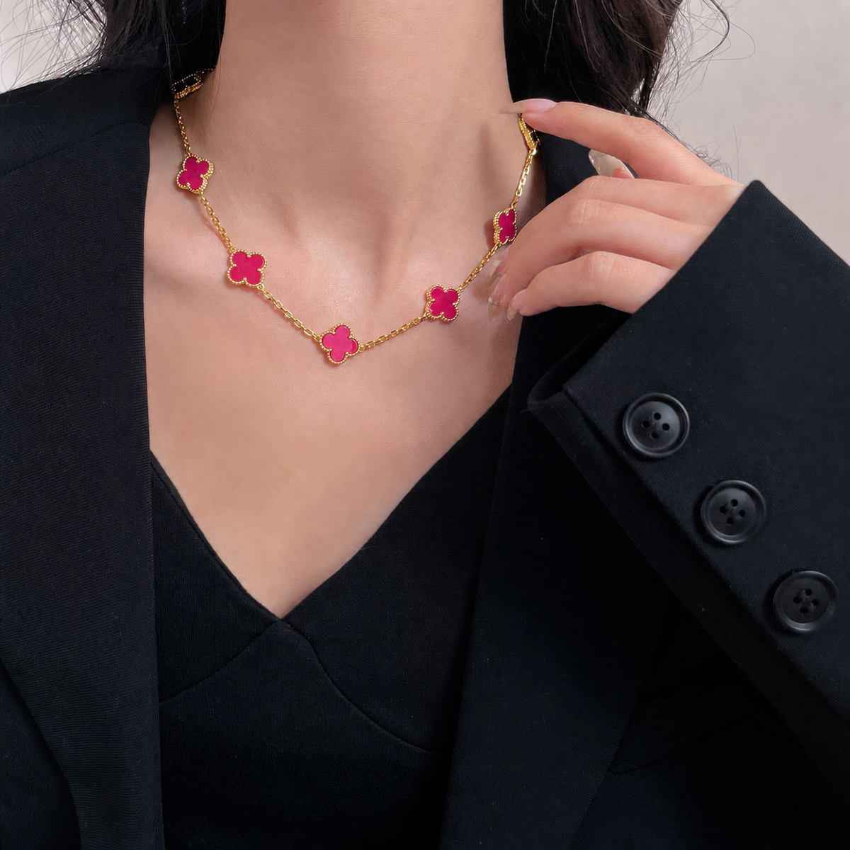 [Favorite]NEW CLOVER 10 MOTIFS PINK ENAMEL NECKLACE