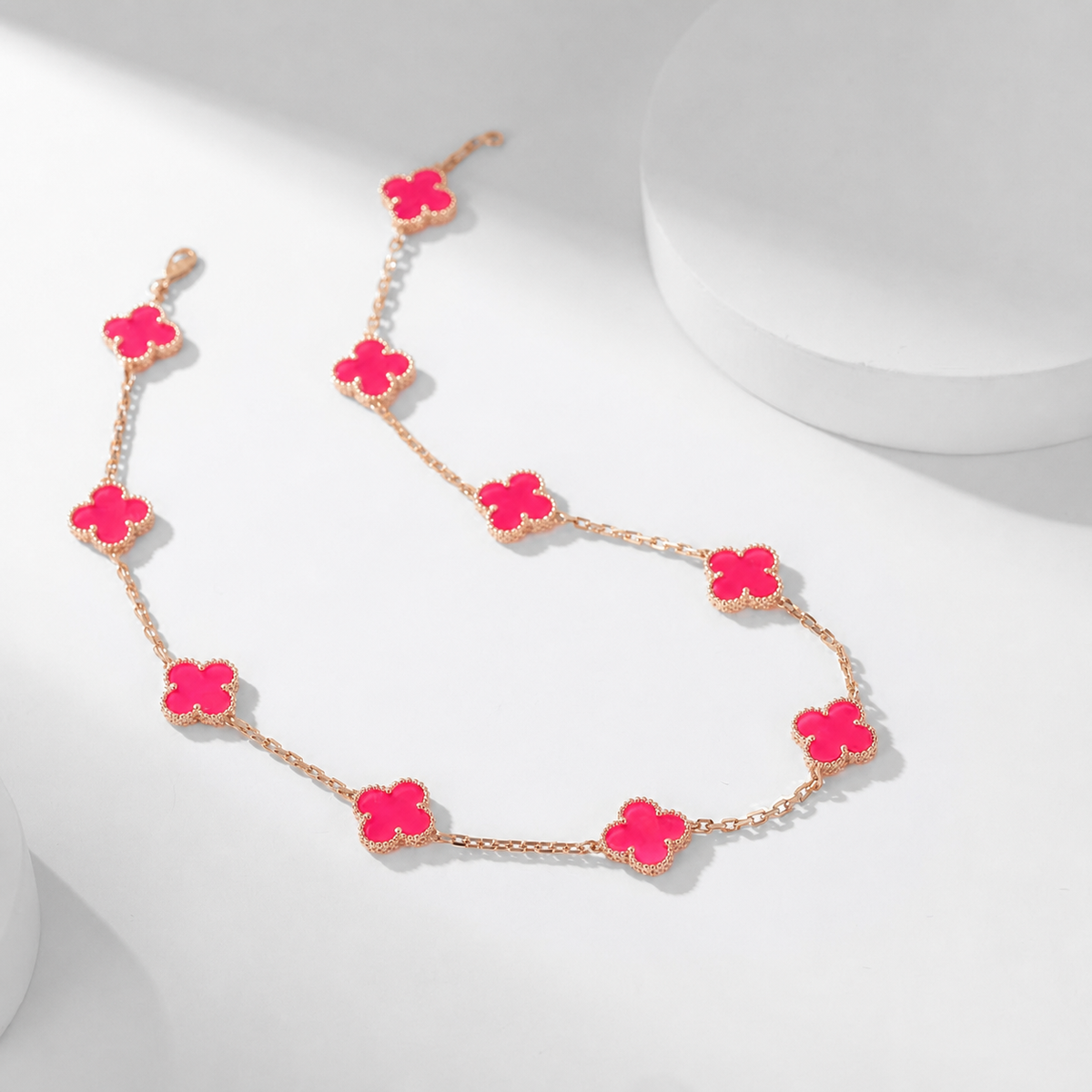 [Favorite]NEW CLOVER 10 MOTIFS PINK ENAMEL NECKLACE