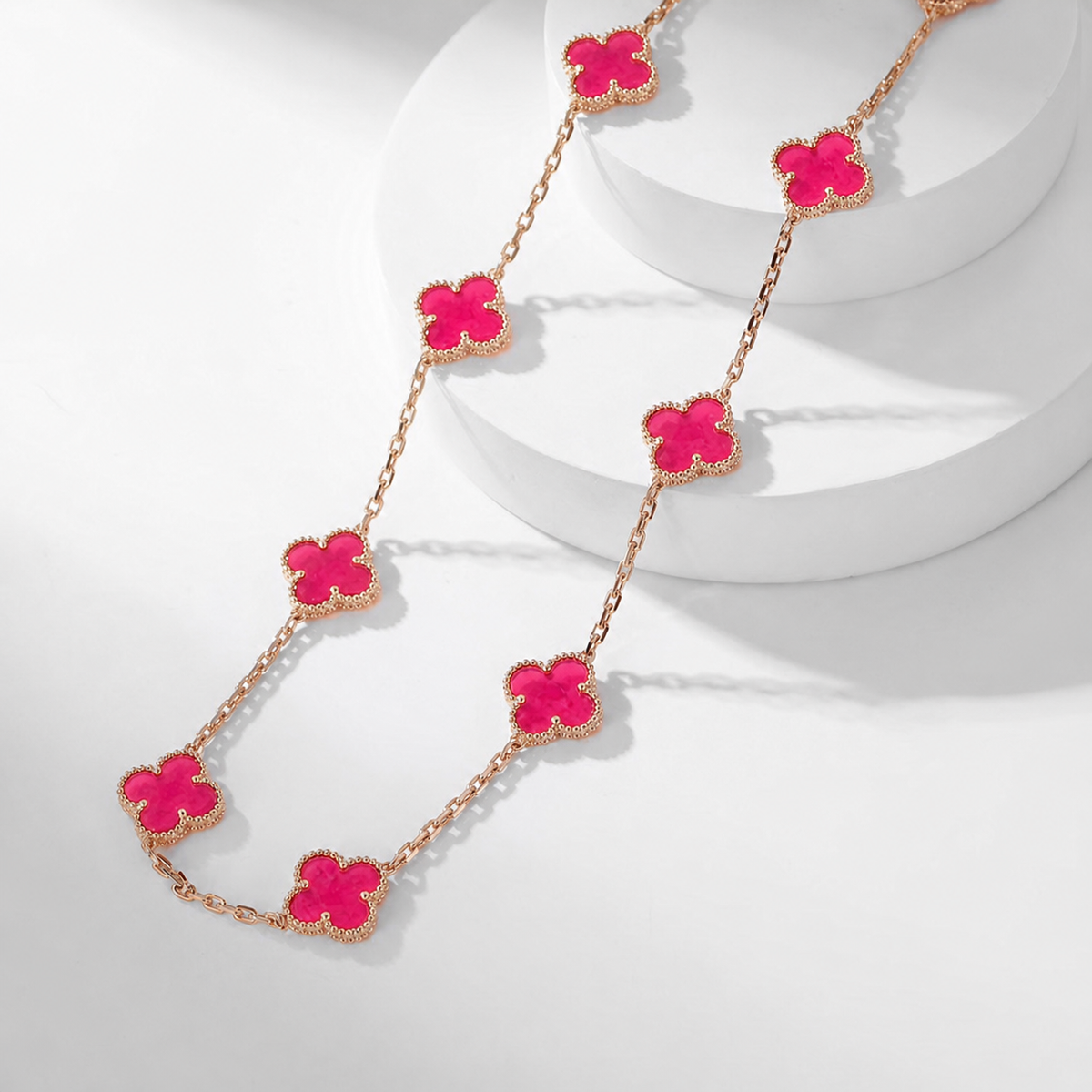 [Favorite]NEW CLOVER 10 MOTIFS PINK ENAMEL NECKLACE