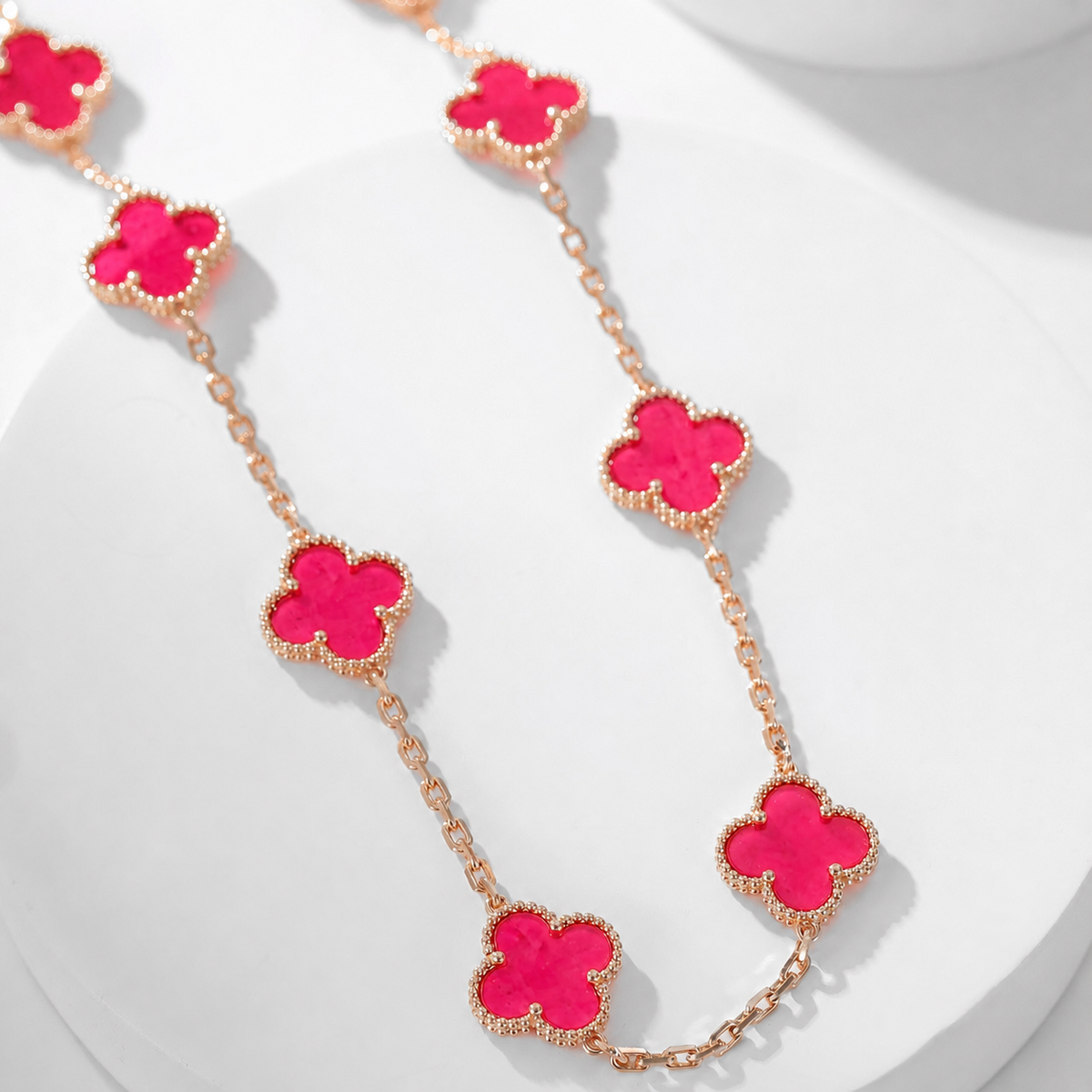 [Favorite]NEW CLOVER 10 MOTIFS PINK ENAMEL NECKLACE