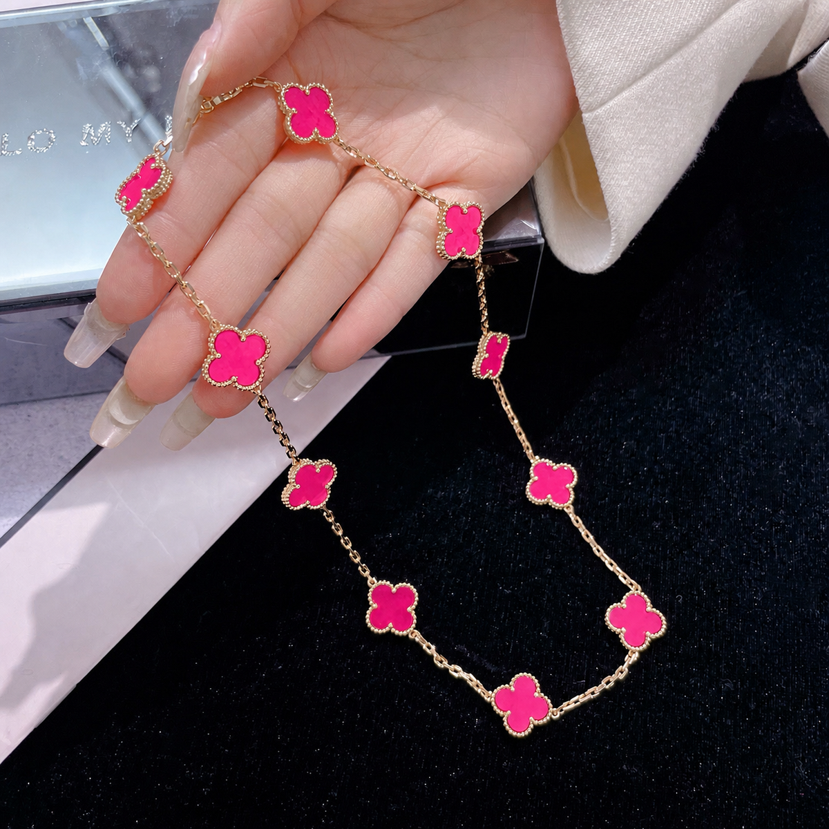 [Favorite]NEW CLOVER 10 MOTIFS PINK ENAMEL NECKLACE
