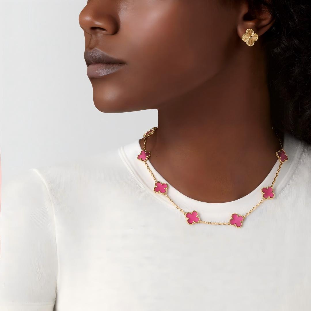 [Favorite]NEW CLOVER 10 MOTIFS PINK ENAMEL NECKLACE