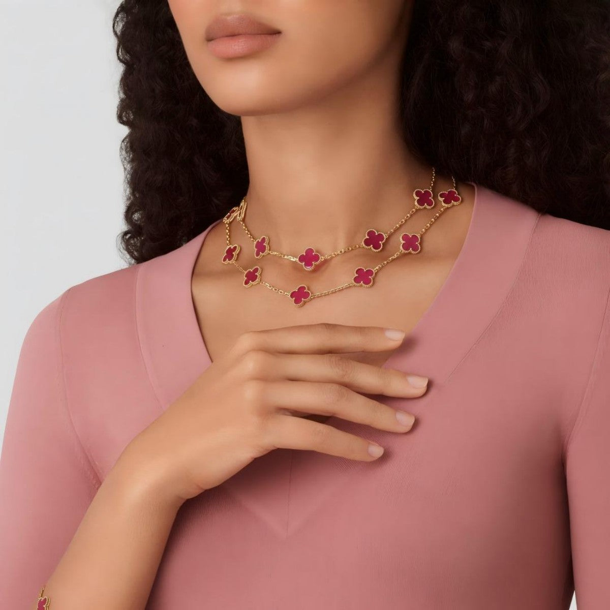 [Favorite] NEW CLOVER 20 MOTIFS PINK ENAMEL NECKLACE