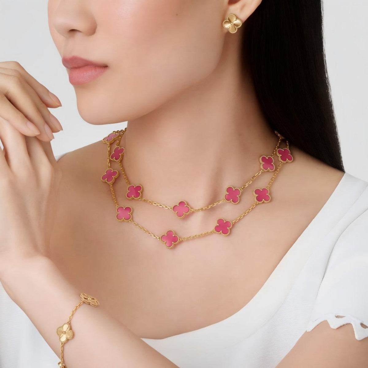 [Favorite] NEW CLOVER 20 MOTIFS PINK ENAMEL NECKLACE